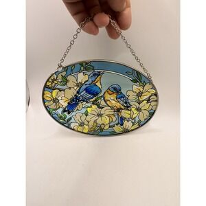 Amia Stained Glass Hand Painted Sun Catcher Hanging Blue Flowers Birds Oval